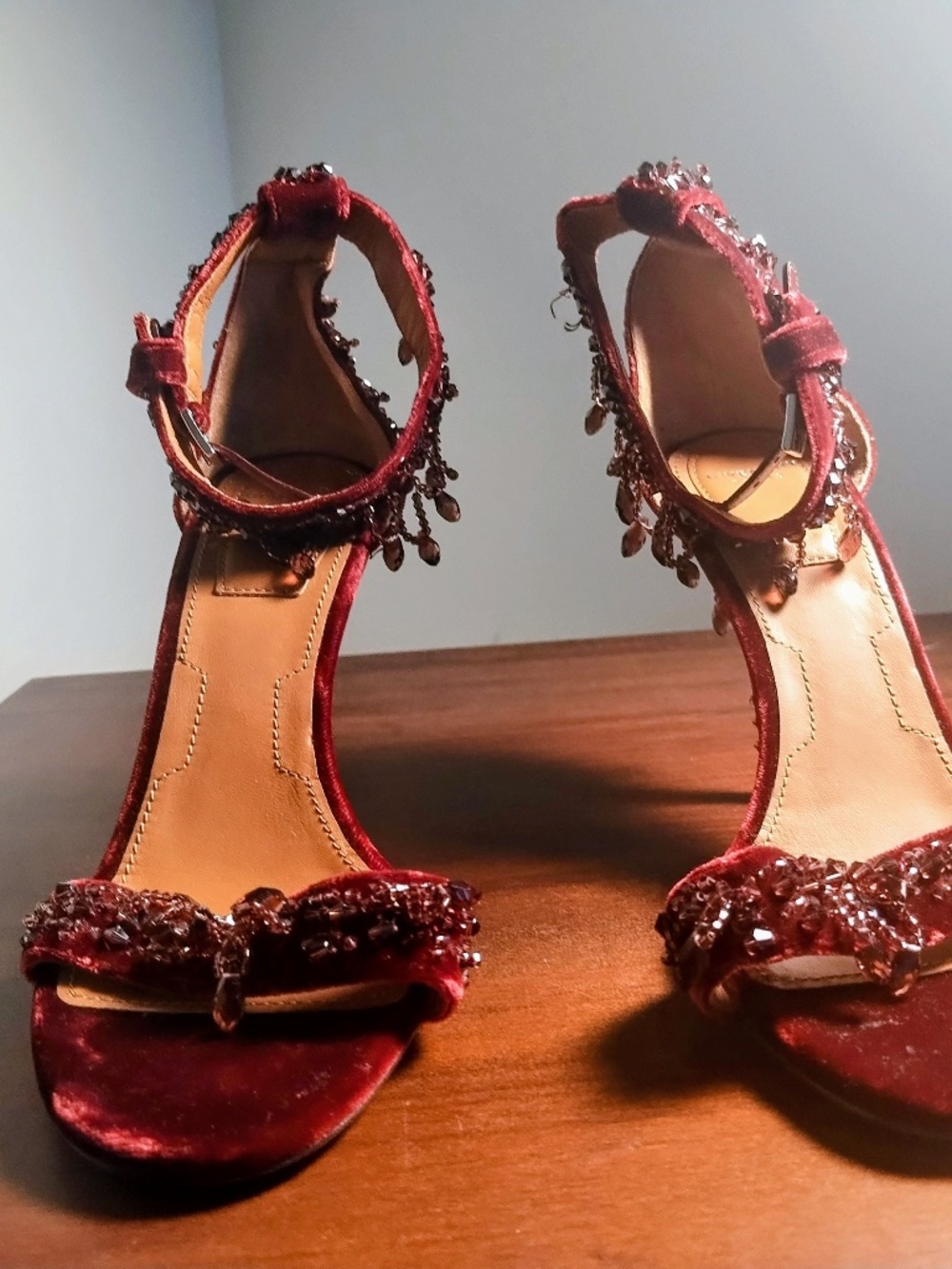 Givenchy Crystal Embellished Burgundy Velvet Ankle-Strap Sandals Size 7.5